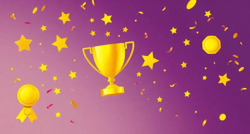 Collection of trophy and achievement symbols with golden geometric shapes on gradient background