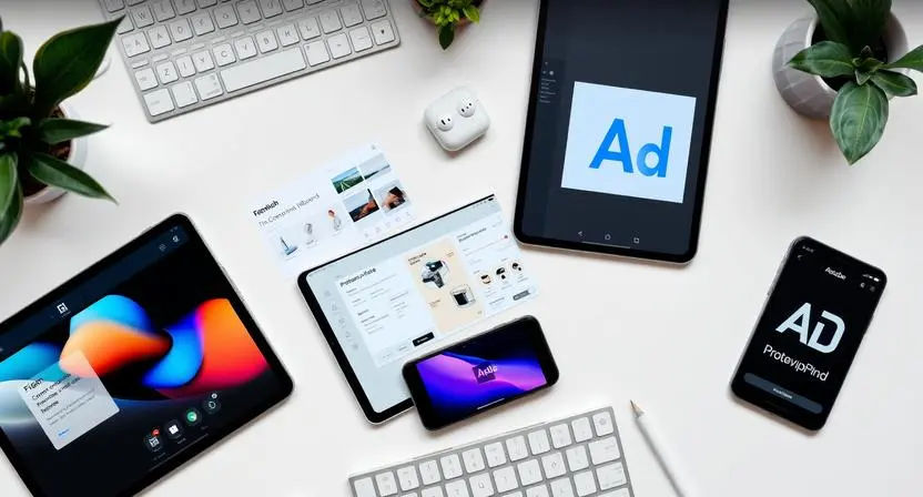 Flat lay of iPad screens showing Figma, Sketch, and Adobe XD interfaces with design components