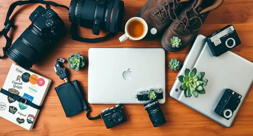 Lifestyle flat lay with camera, coffee equipment, travel journal, and personal interest items