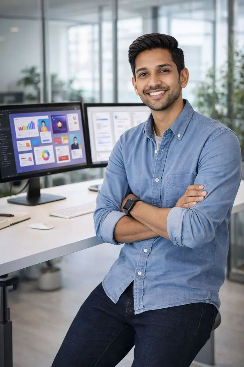 Full professional portrait of Bharani sitting at modern desk with dual monitors showing design work