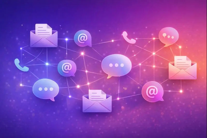 Abstract communication visualization with email envelopes, speech bubbles, and connection lines