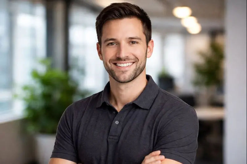 Professional corporate headshot of confident female CEO with business attire and smile