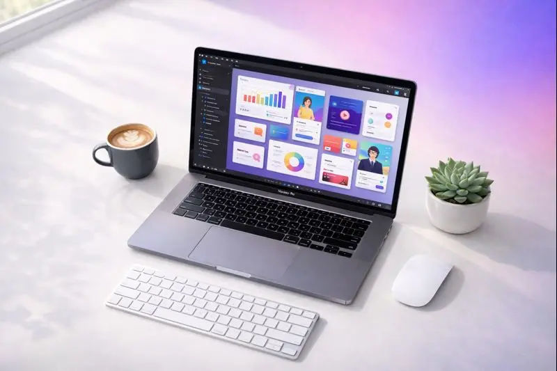 Modern UX designer workspace with MacBook Pro, wireless keyboard, and purple gradient background