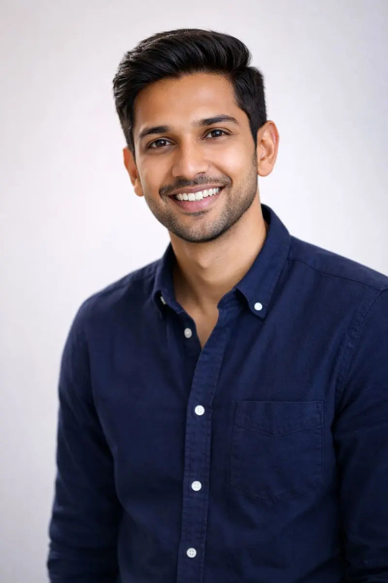 Professional headshot portrait of Bharani, UX/UI designer, with warm smile and casual smart attire