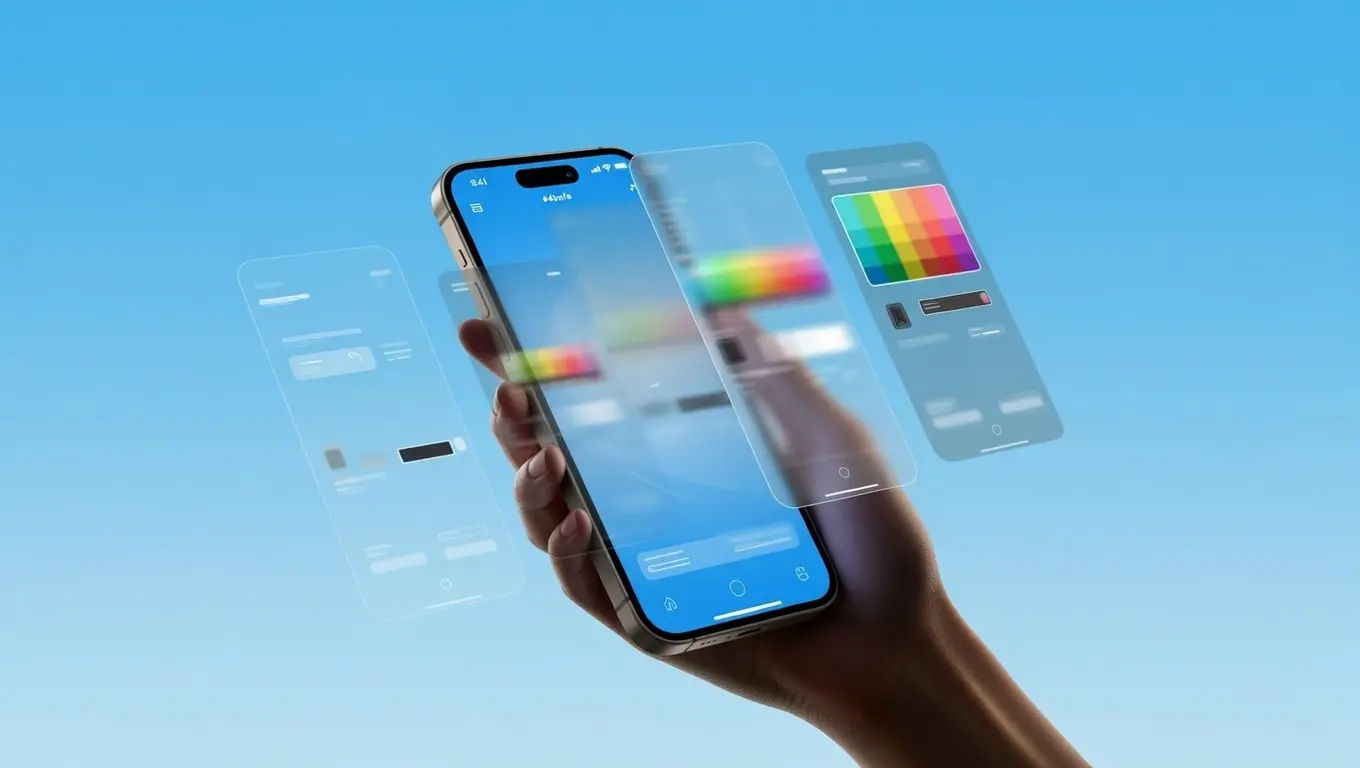 Smartphone in hand showing animated app transition with motion blur and floating UI elements
