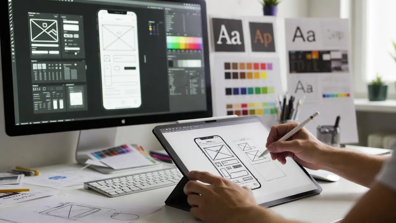 Designer sketching wireframes with Apple Pencil on iPad showing high-fidelity mockup process