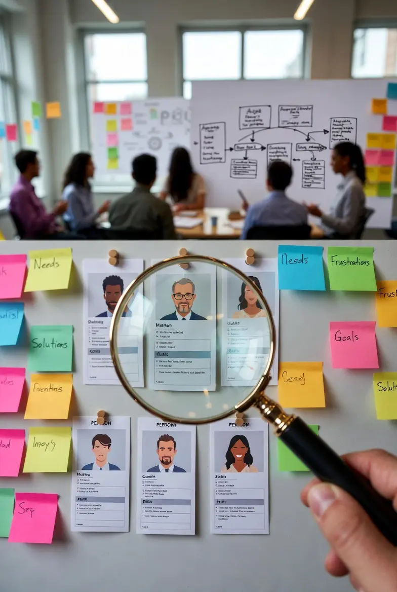 User research scene with magnifying glass, persona cards, sticky notes, and journey map sketch