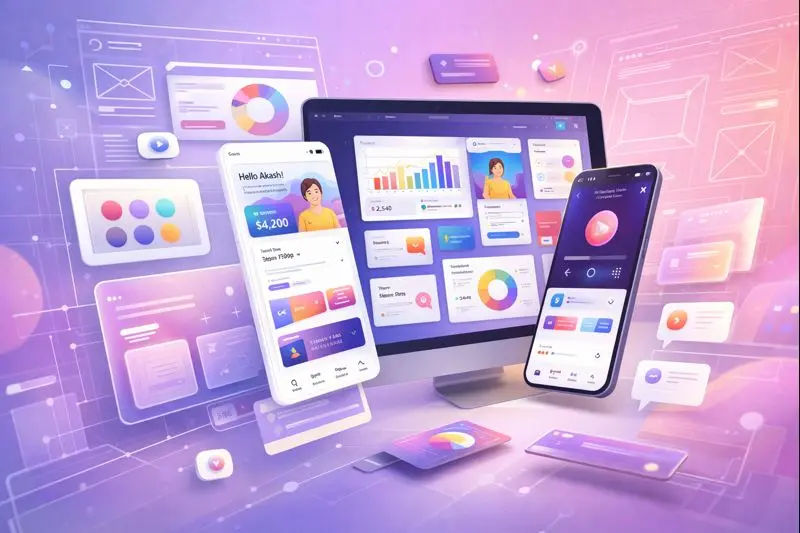 Abstract 3D visualization of four service panels showing wireframes, UI mockups, and analytics