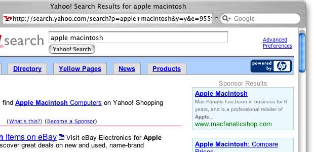 Screenshot of Yahoo with search results from Overture