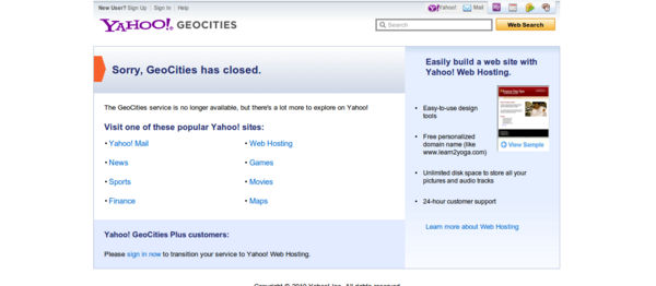 Geocities homepage after it was shut down by Yahoo