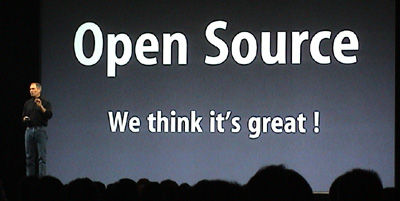 Slide from Steve Job's Macworld presentation which reads "Open Source, We Think it's great"