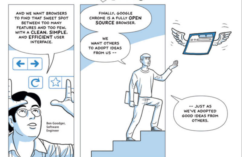 A few panels from the Google Chrome launch webcomic which describes the browser as both simple and open source