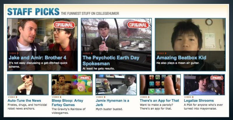 An early screenshot of the CollegeHumor videos page, with its typical list of videos to watch