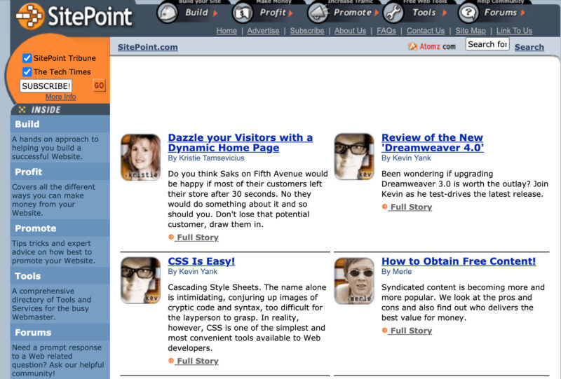 Screenshot of an early iteration of Sitepoint form shortly after it launched