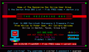 Screenshot of a terminal accessing an early digital bulletin board system