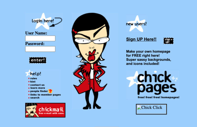 The homepage of the ChickPages service, which let users create their own homepages