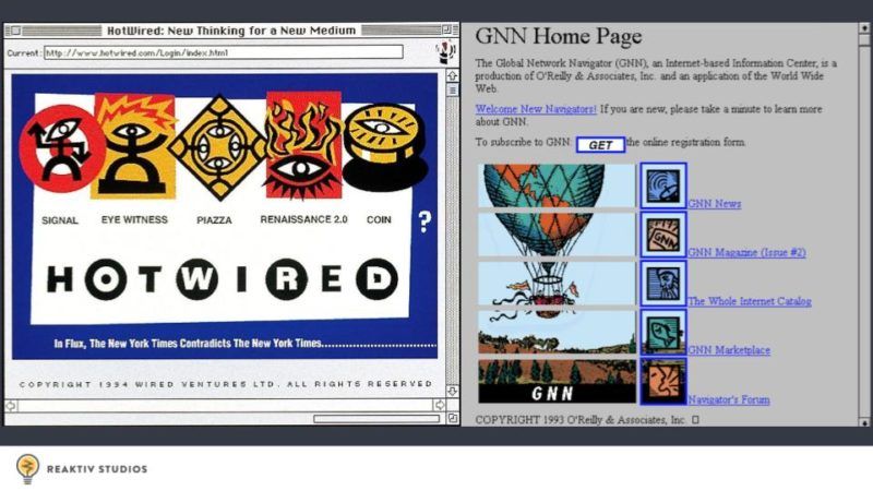 A screenshot of Hotwired and GNN, both websites from the early 90's