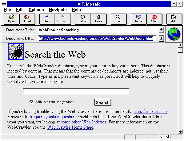 Screenshot of the AirMosaic homepage, which featured a custom search bar and some introductory text