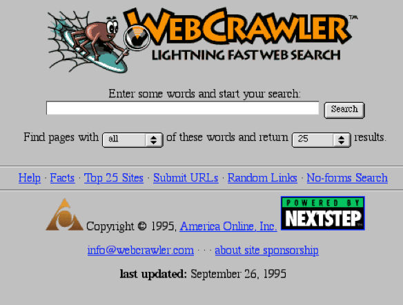 An early screenshot from WebCrawler's homepage, around 1995