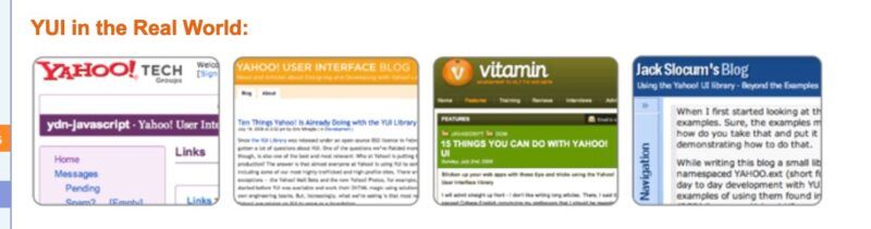 A list of examples of "YUI in the Real World," with screenshots from four separate websites that used the library