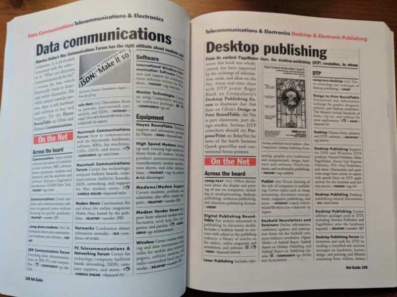 A two page spread from the Net Guide magazine, which includes details on Data communications and Desktop publishing