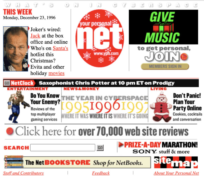 A screenshot of the website Your Personal Net from 1996. It's homepage features news and ads.