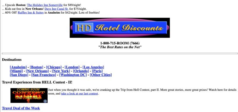 A really plain looking page of HotelDiscounts.com, black text, white background and blue links with just some info about how to book hotels