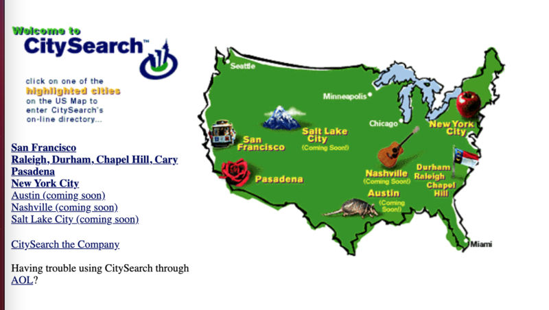 A screenshot of CitySearch.com from 1996, which had an interactive map to navigate and click through to available cities.