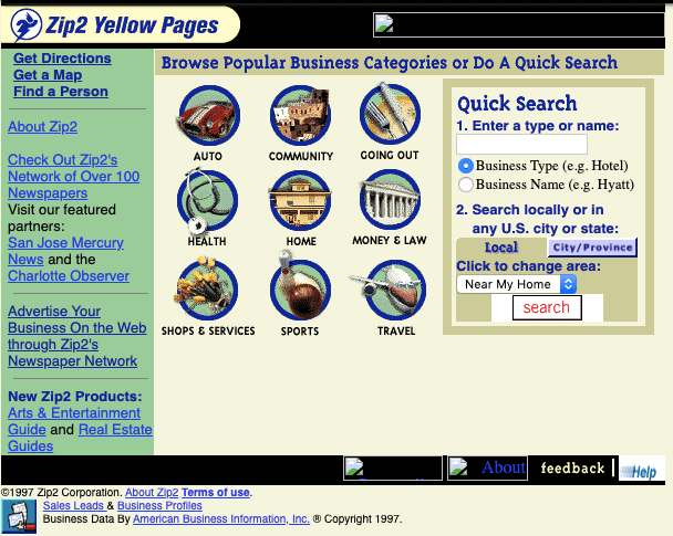 One of the earliest versions of Zip2, which had sections laid out for different consumer categories, such as 'Auto," "Health" and "Sports."