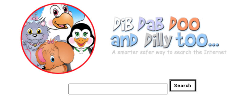 A screenshot of the homepage of Dib Dab Doo and Dilly too..., the kid friendly search engine