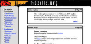 An early version of the Mozilla.org website, with the Mozilla dinosaur logo in full display