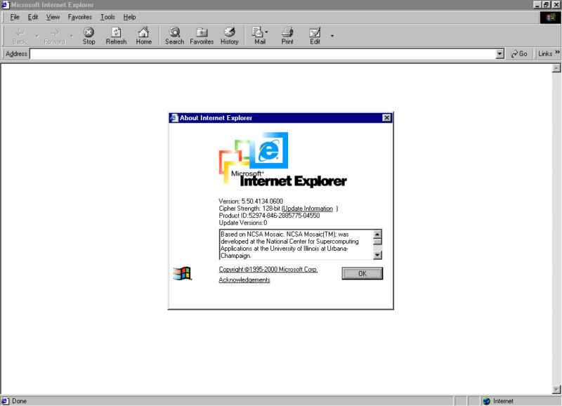 A screenshot of Internet Explorer 5.5 and its about screen shortly after launch