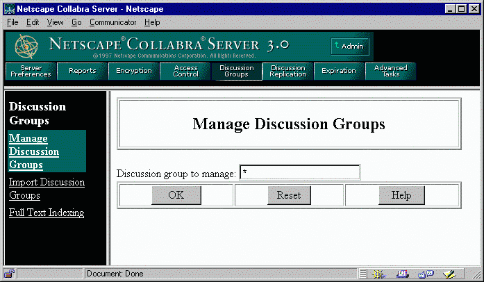 Screenshot of the Netscape Collabra Discussion Group screen, which let administrators manage team discussions