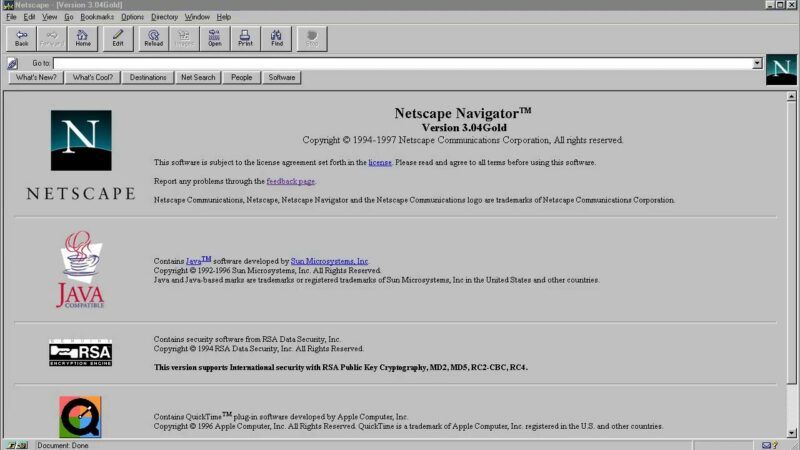 The Netscape Navigator 2 welcome screen, which included a mention of Java