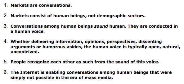 A screenshot of 6 of the 95 theses from the Cluetrain Manifesto, including the first one: "Markets are conversations"