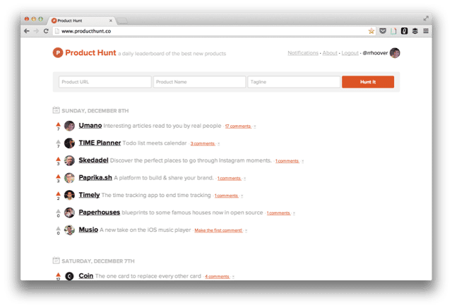 An early beta of Product Hunt, a list of links to popular products that can be voted up or down