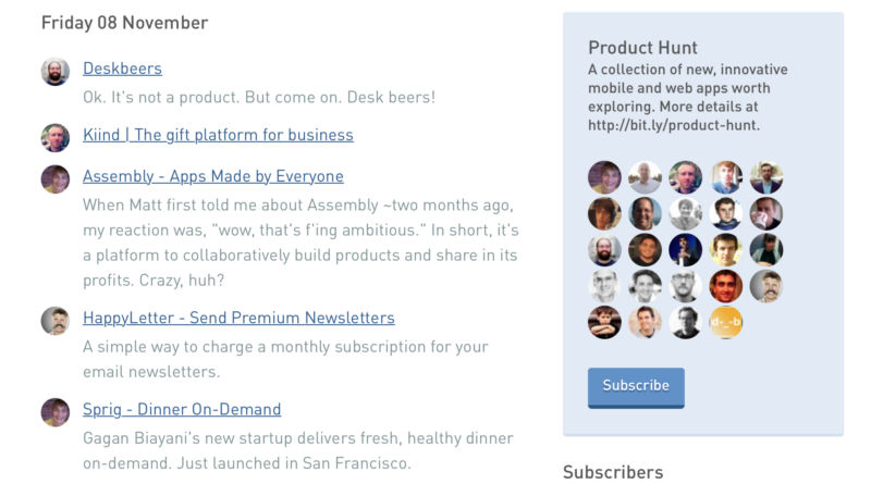 Screenshot of Product Hunt when it was still hosted on the link sharing site, Linky Dink, with a list of several popular products at the time