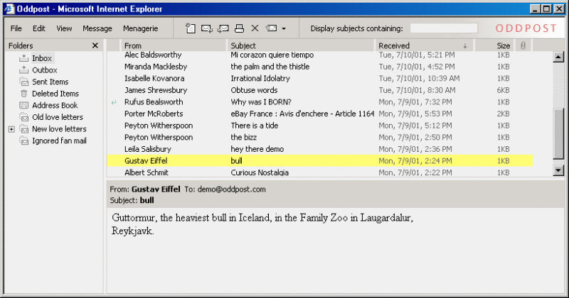 A view of the Oddpost email application inbox