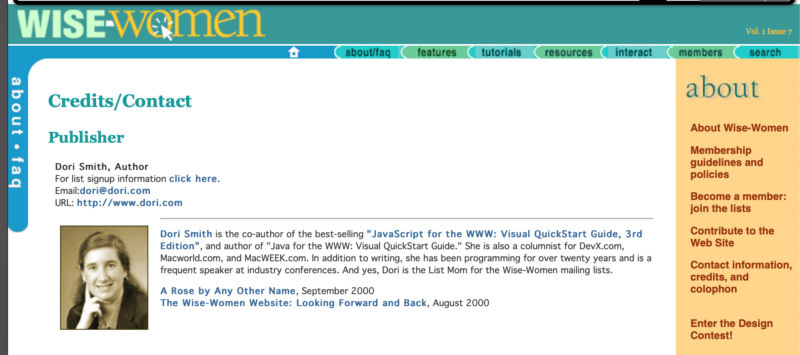 A screenshot from the contributor page of Wise-Women from when it was active, with a bio on Dori Smith