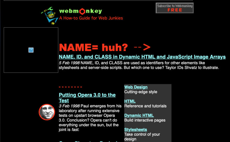A screenshot of Webmonkey from 1998, with articles about building websites with CSS and HTML