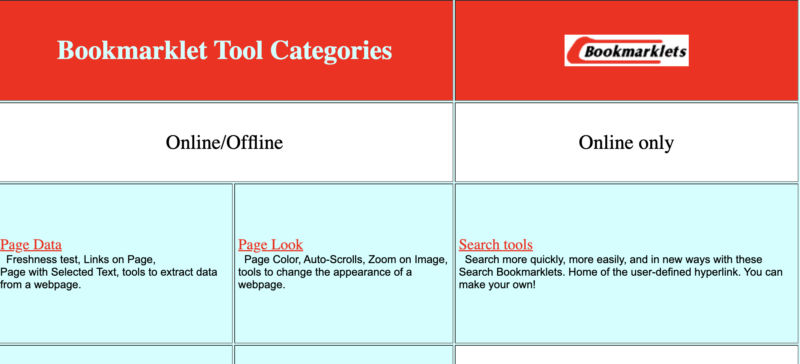 The category section of Bookmarklets.com