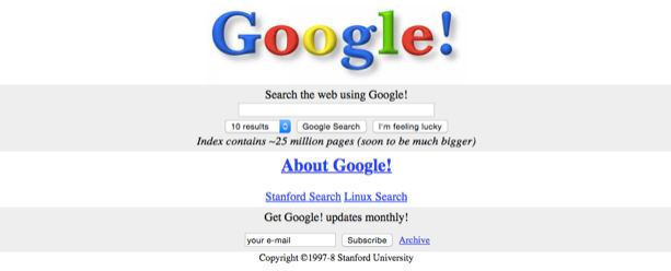 A screenshot of what the Google homepage looked like, shortly after it launched in 1998. It was pretty barebones, much like today, with just a search button, "I'm Feeling Lucky" button and a couple of contact related links.