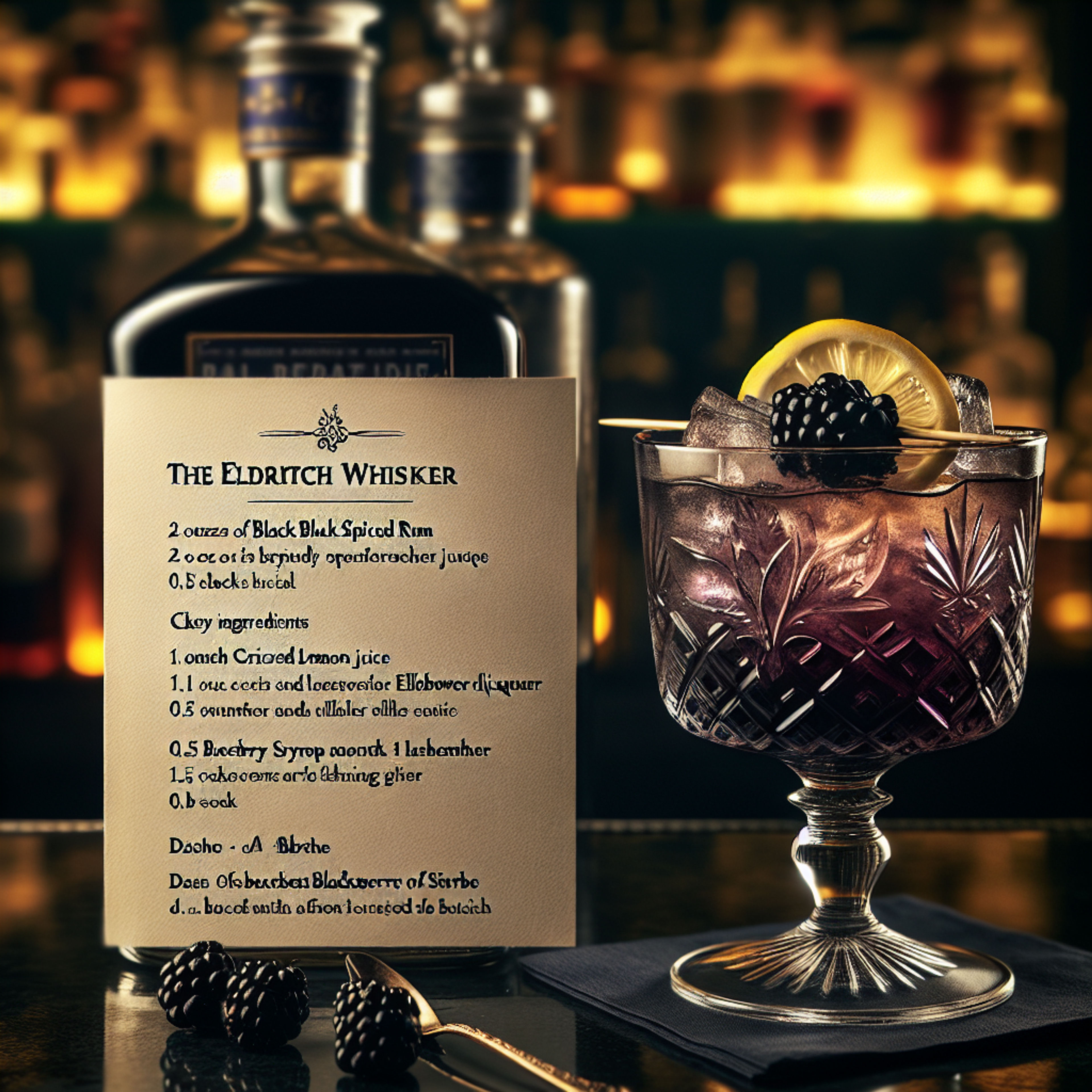 Eldritch Whiskers, Cosmic cocktail with dark rum and elderflower liqueur