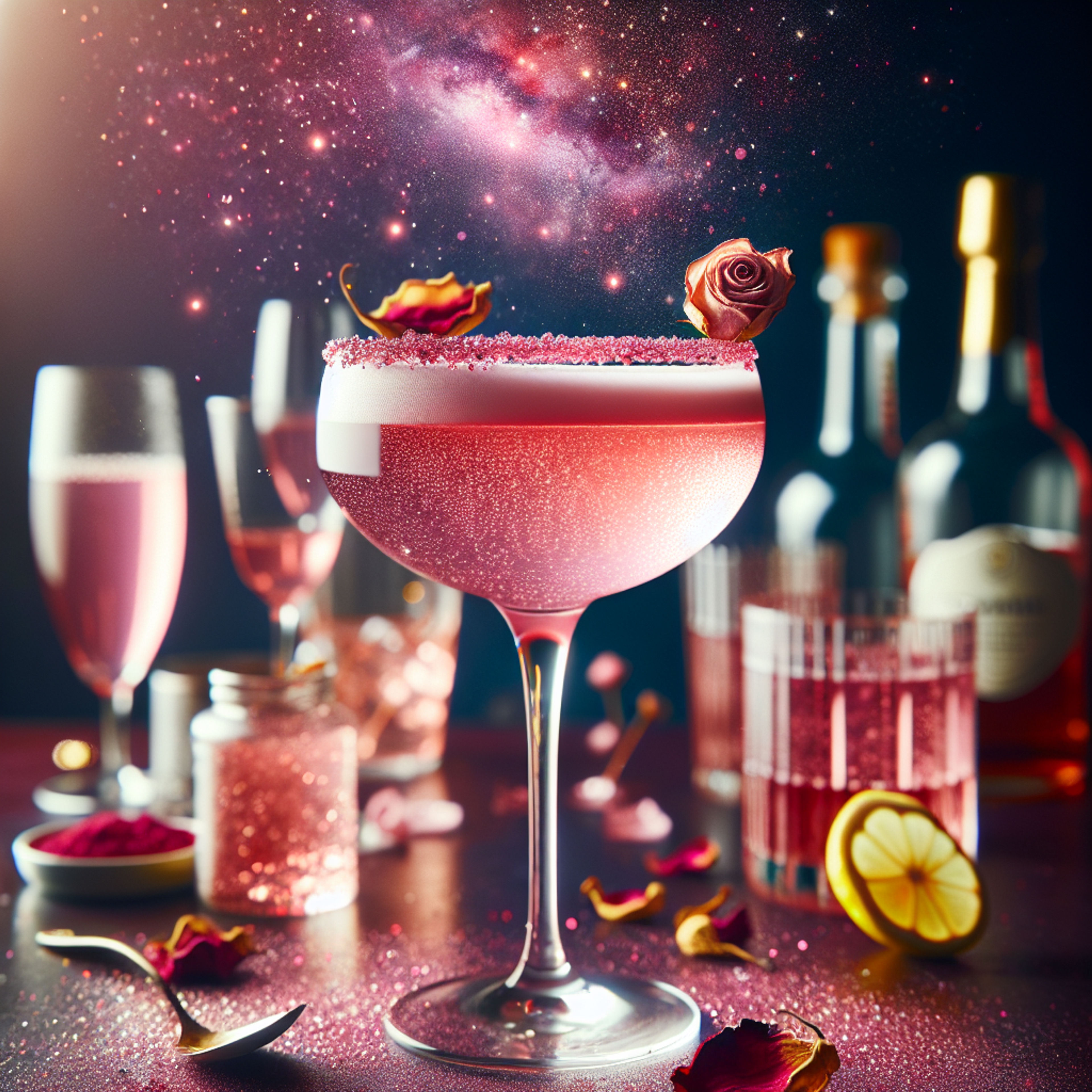 Pink Nebula Elixir, Whimsical cocktail with rose and sparkle