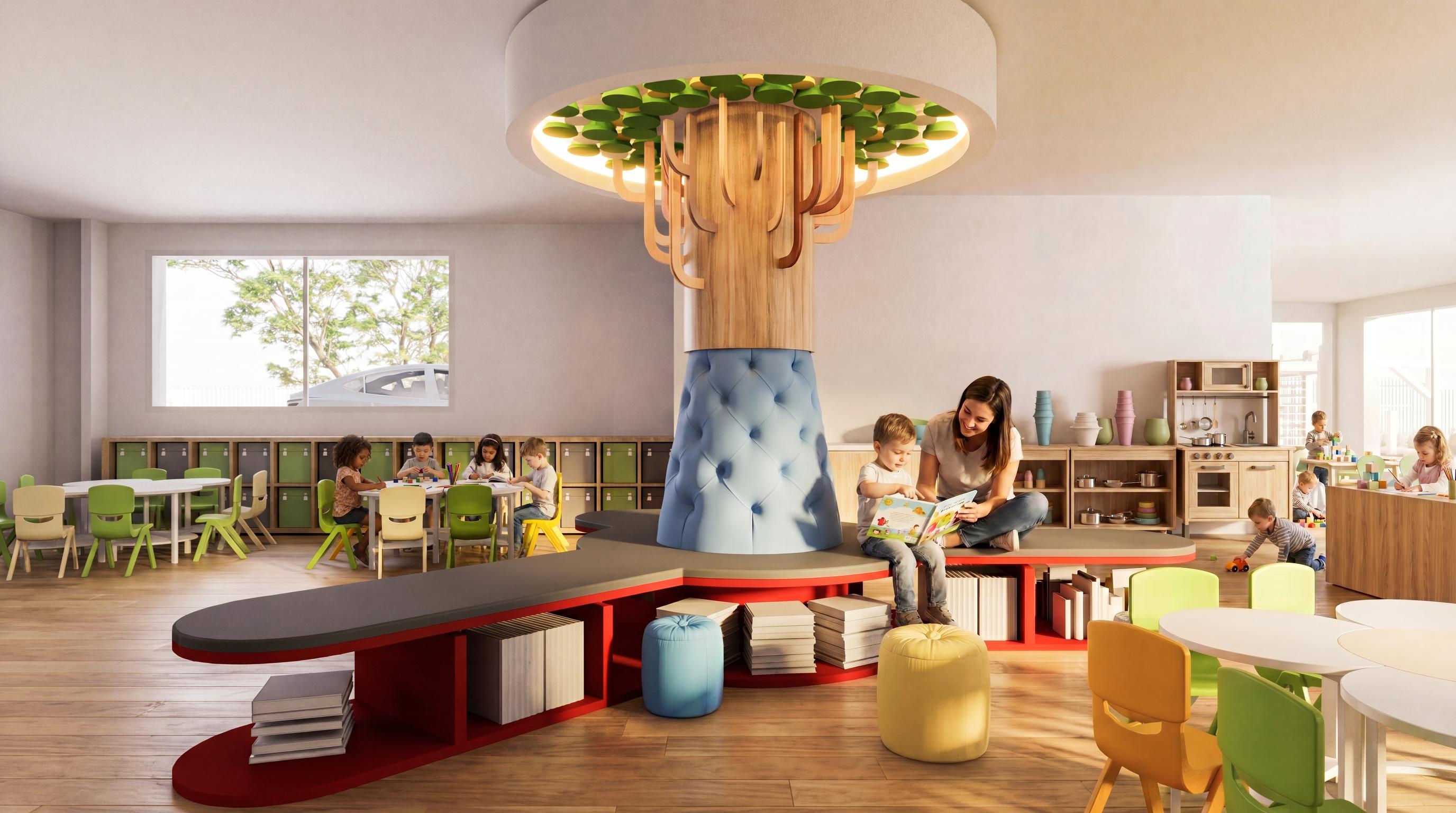 3D interior render of a play and reading space at Seven Hills Early Learning Centre