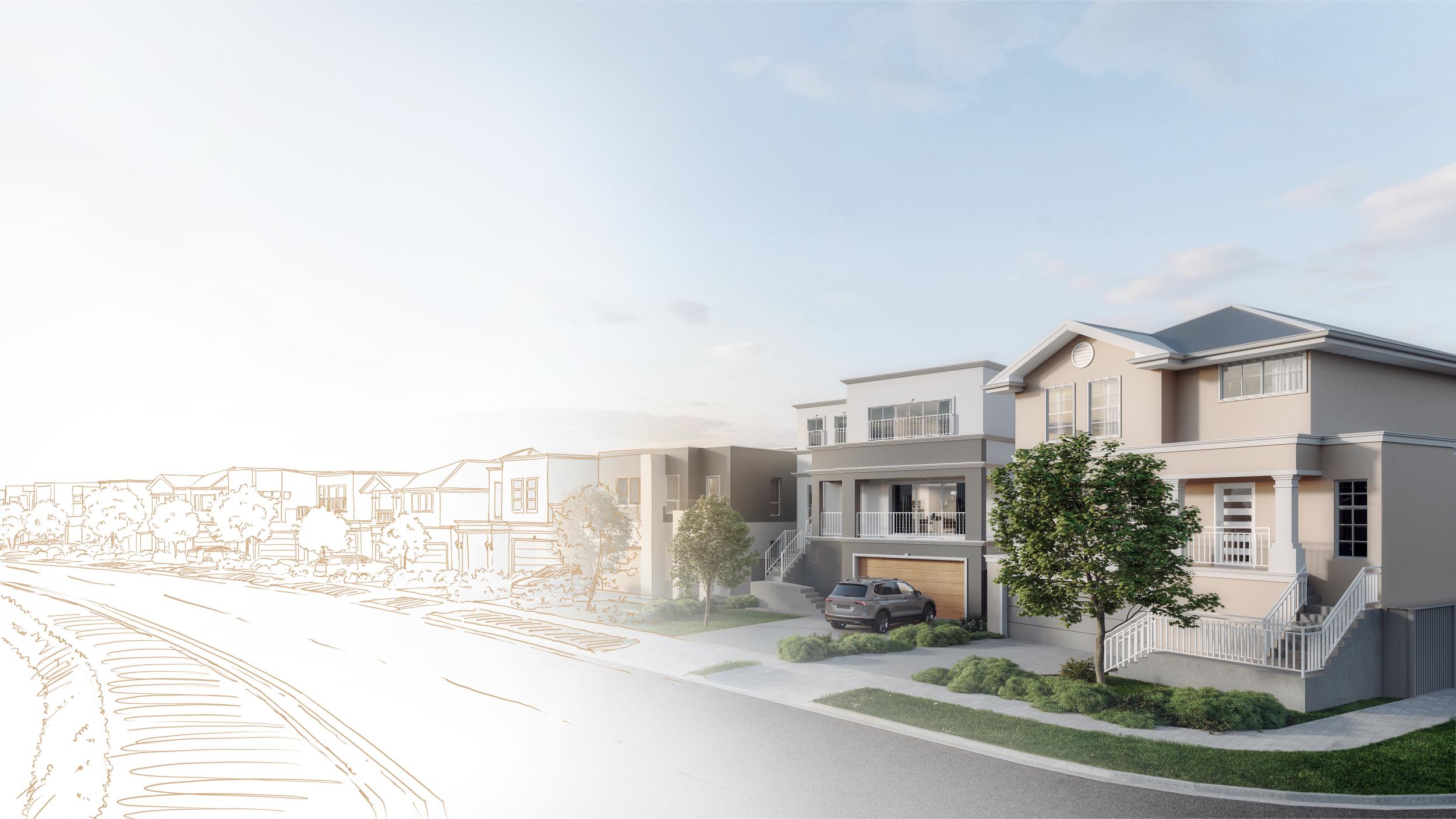 3D streetscape render of the One Fairway residential community, Fairway Drive, Kellyville