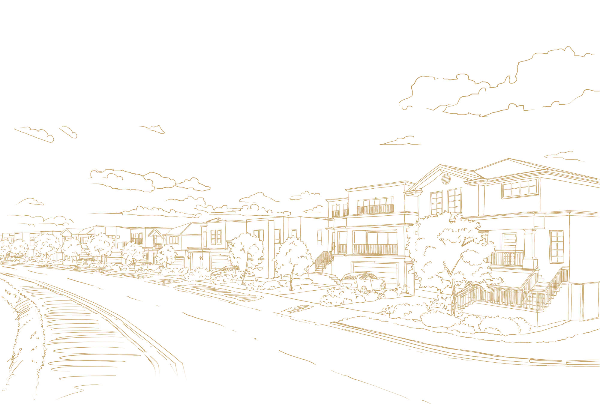 Architectural line sketch of the One Fairway streetscape, Kellyville