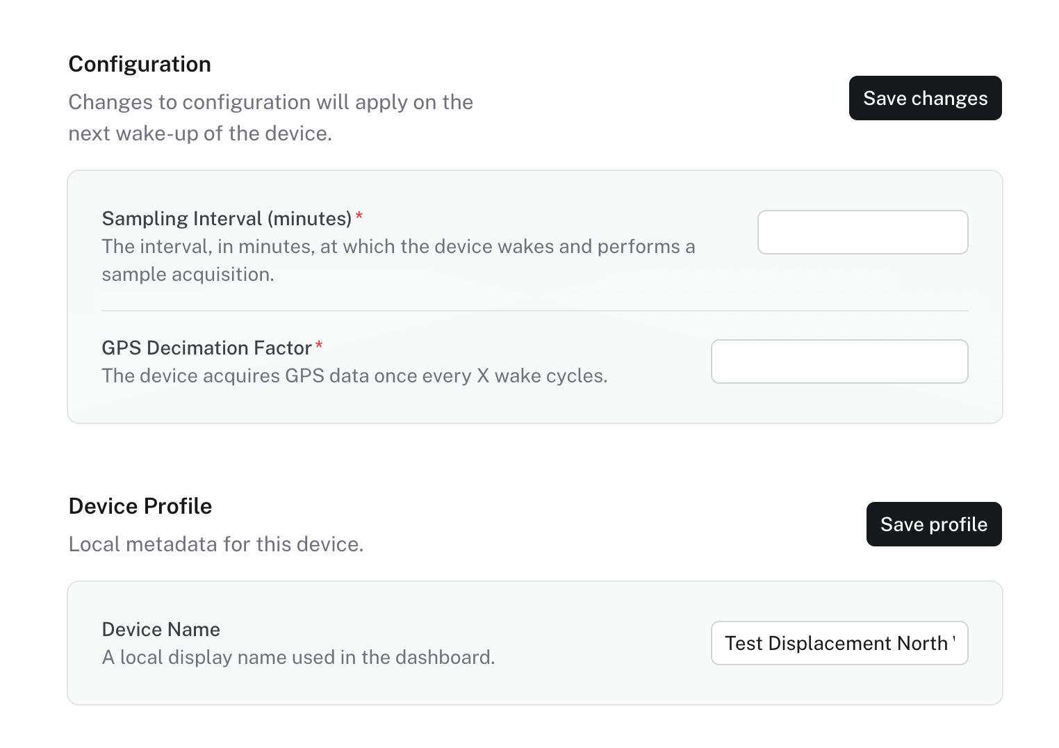 Collector dashboard Device configuration