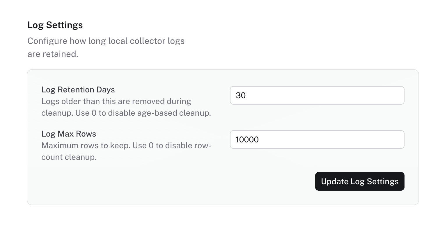 Collector dashboard log settings