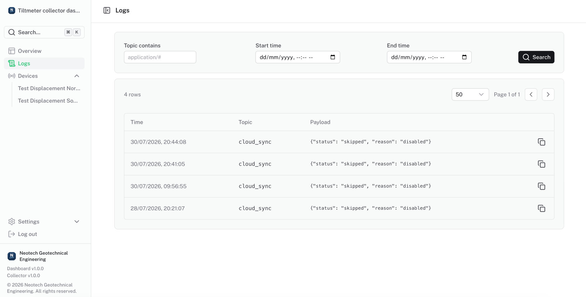 Collector dashboard Logs page